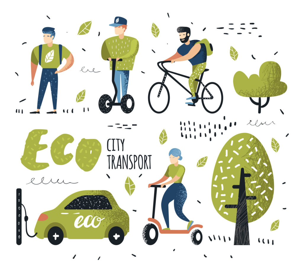 Eco city transport, someone walking, riding a bike, riding a scooter and charging electric car