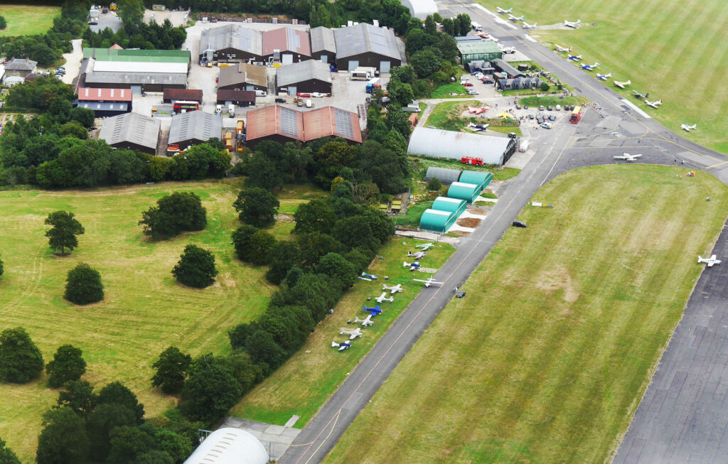 An aerial photo of the hangars