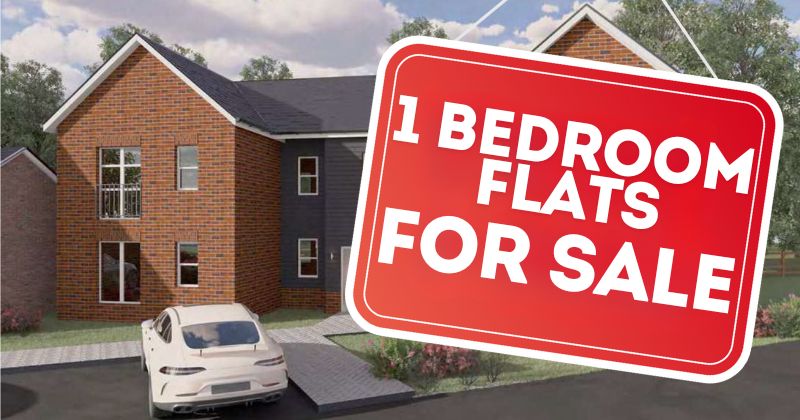 CGI image of what the block of flats will look like with driving spaces outside. The image has a red hanging sign coming from the top with the text - 1-bedroom flats for sale