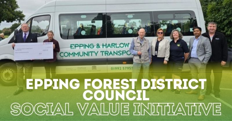 Cllr. Paul Keska, Regulatory, Technical and Community Safety Portfolio Holder; Rachel Mugami, NSL Supervisor; unknown member of the public; Angela Canham, Epping Forest Community Transport Manager; Bev Souter, EFCT Volunteer Driver; Rasal Dewan, NSL Account Director; James Carstairs, Epping Forest District Council in front of Community Transport Van with a cheque