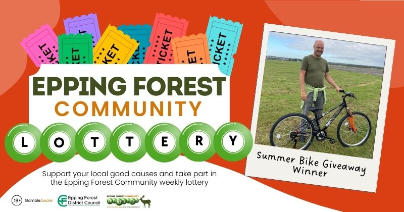 Epping Forest Community Lottery - A picture of the lottery logo and an image of the Summer bike giveaway winner with his bike