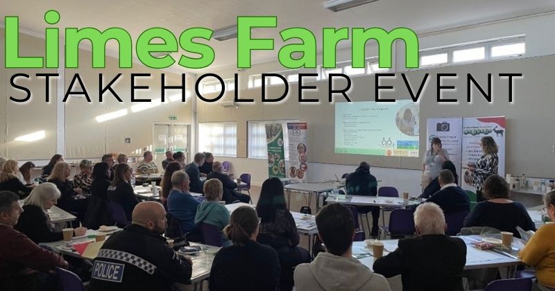 Room of people watching a presentation with the text 'Limes farm Stakeholder Event'