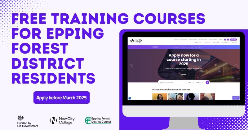 Free training courses for Epping Forest District Residents. Computer with the New City Collgege website