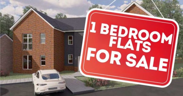 CGI image of what the block of flats will look like with driving spaces outside. The image has a red hanging sign coming from the top with the text - 1-bedroom flats for sale