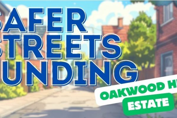 Cartoon picture of a street blurred in the background with the text ' safer streets funding Oakwood hill' estate in front