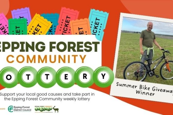 Epping Forest Community Lottery - A picture of the lottery logo and an image of the Summer bike giveaway winner with his bike